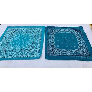 2 Vtg USA Hankie Bandana Handkerchief Western Rockabilly Kerchief Turquoise Blue